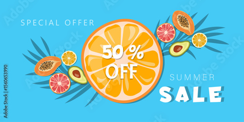 Summer sale banner clipart on blue background design. Summer sale special offer 50% off discount for holiday season template with tropical leaves and fruits 