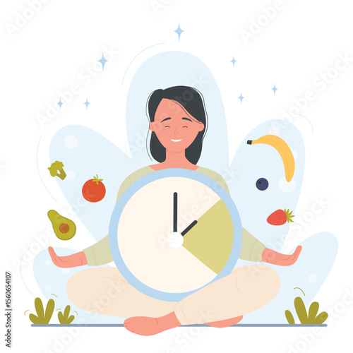 Woman in lotus pose having healthy food program. Balanced diet nutrition with vitamins flat vector illustration