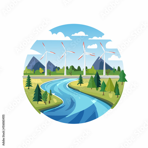Flat design landscape with clean rivers, forests, wind farms, and mountains