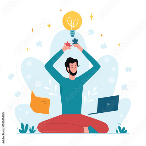 Boy in lotus position keeping calm and finding right solution. Meditation pose for new creative idea flat vector illustration