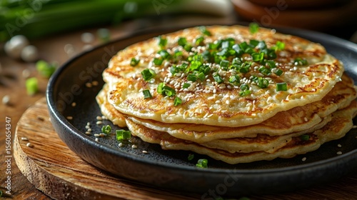 The pancake exudes an enticing aroma under the soft sunlight, sprinkled with sesame seeds and chopped green onions