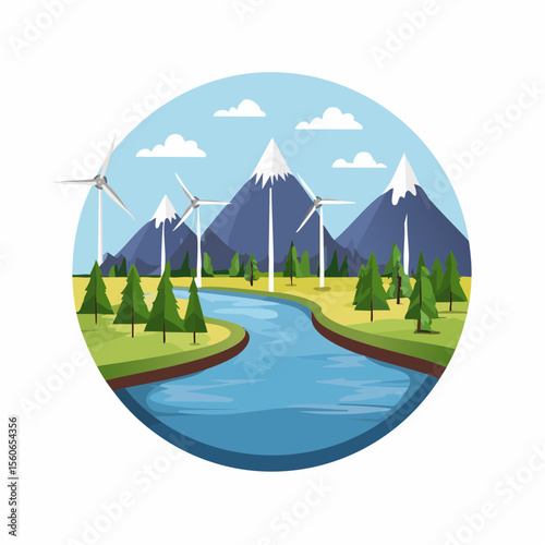 Flat design landscape with clean rivers, forests, wind farms, and mountains