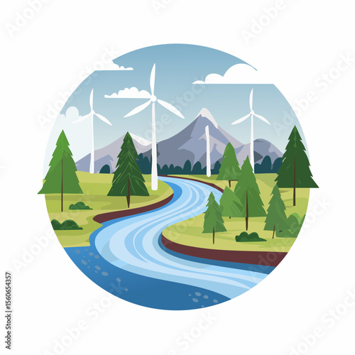 Flat design landscape with clean rivers, forests, wind farms, and mountains