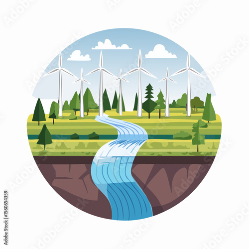 Flat design landscape with clean rivers, forests, wind farms, and mountains