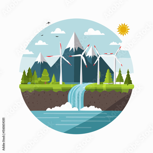 Flat design landscape with clean rivers, forests, wind farms, and mountains