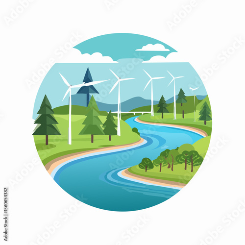 Flat design landscape with clean rivers, forests, wind farms, and mountains