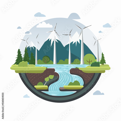 Flat design landscape with clean rivers, forests, wind farms, and mountains