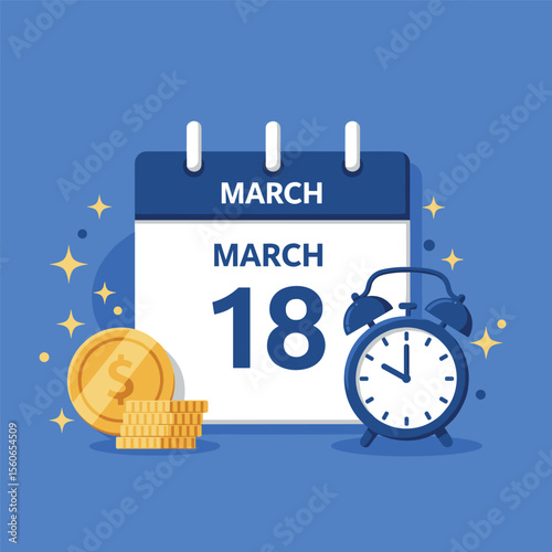 Blue flat calendar showing March 18 with coin, alarm clock, and stars, reminder concept