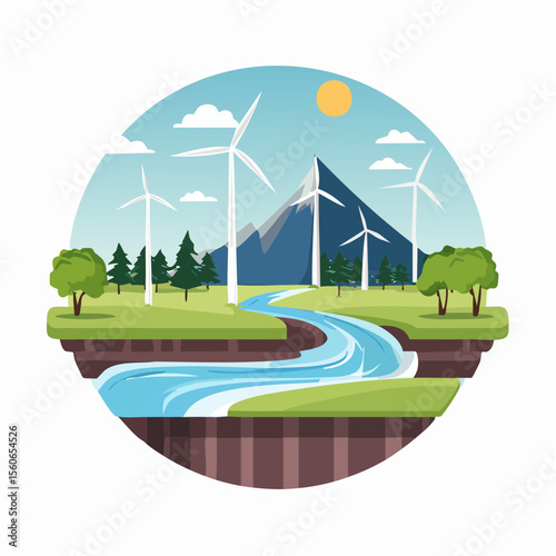 Flat design landscape with clean rivers, forests, wind farms, and mountains