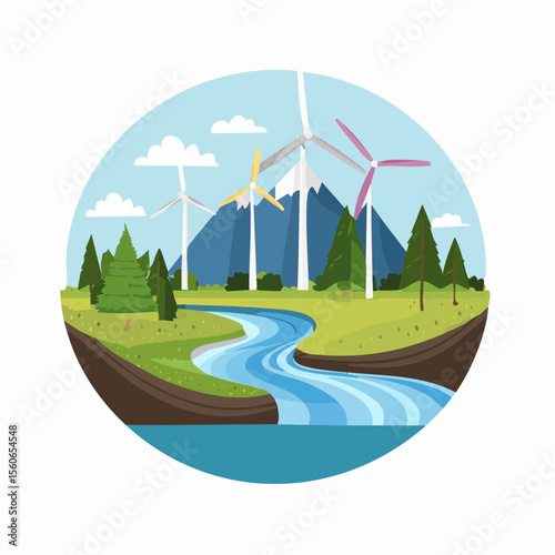 Flat design landscape with clean rivers, forests, wind farms, and mountains