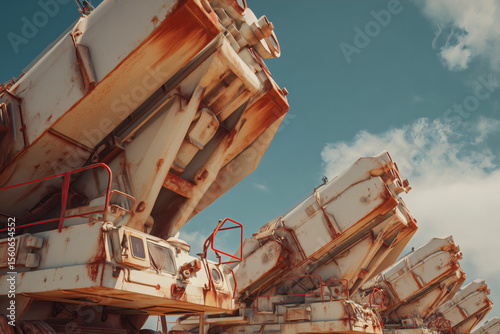 Row of weathered industrial machines against a blue sky, showing signs of age and disuse.