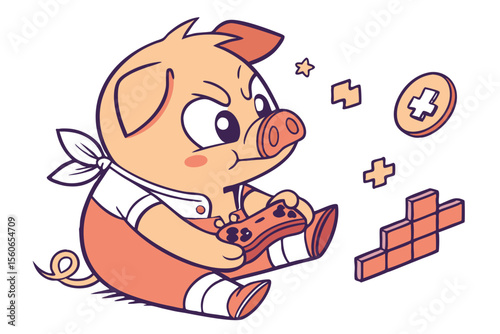 Vector cute Pig cartoon character, playing a video game, intense and focused expression, gaming controller, pixel art elements hint, isolated on white background