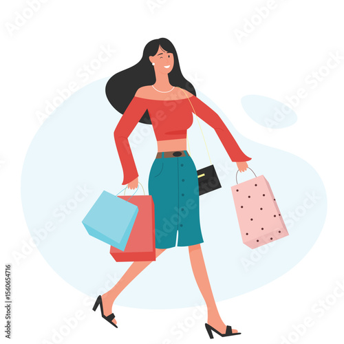 Happy young girl with shopping bags. Sale season and addictive shopper woman flat vector illustration