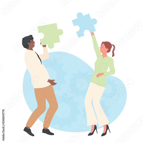 Effective teamwork ability and cooperation. People connecting right puzzle solutions flat vector illustration