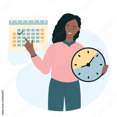 Time management skills and effective activities completing. Process of planning and organizing schedule flat vector illustration