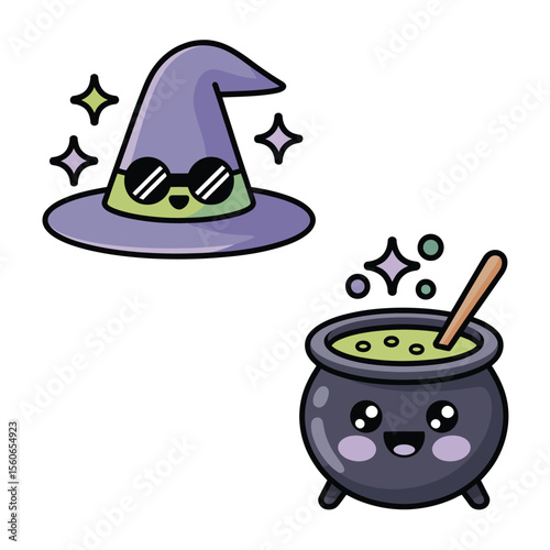Cute Cartoon Witch Hat and Cauldron Clipart