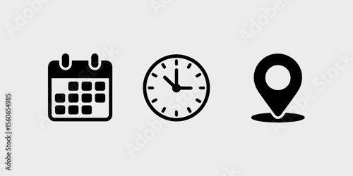 Time Management Icons Calendar, Clock, and Location for Scheduling and Planning