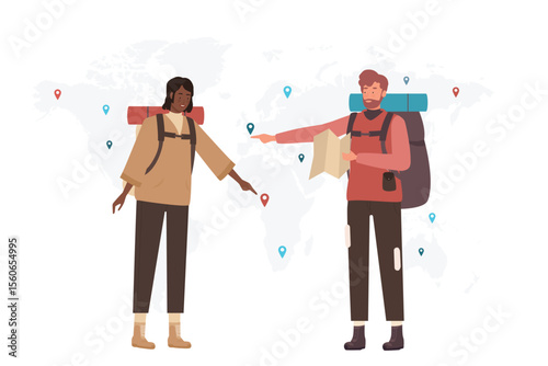 Travelling tourists with backpacks and paper map. World trip destination and new places discovering flat vector illustration