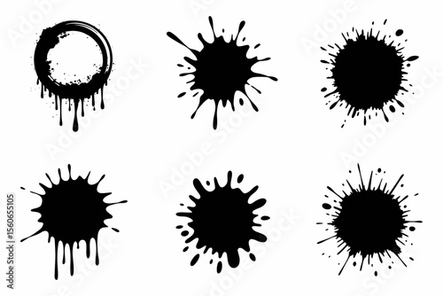 Ink Splatter Design Elements Dripping, Black Ink Blots and Circular Splashes for Artistic Projects