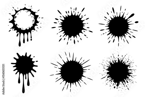 Ink Splatter Collection Six Unique Black Ink Blot Designs for Artistic Projects