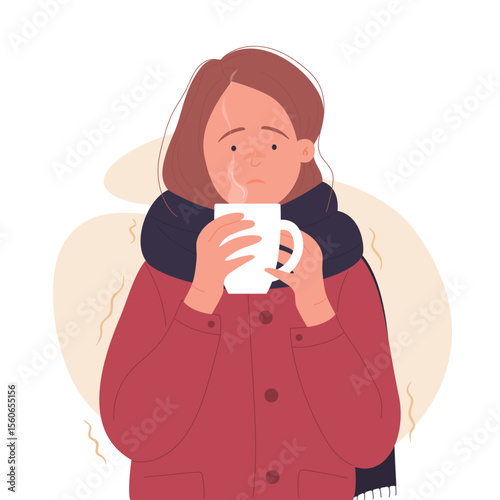 Sick woman with hot drink having cold shiver. Trembling and freezing feeling flat cartoon vector illustration