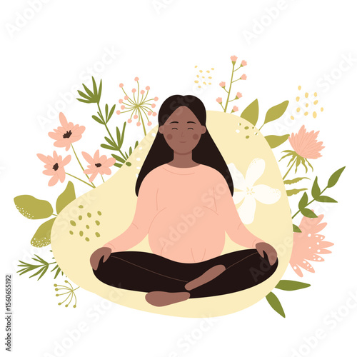 Pregnant woman doing yoga in relaxing state. Meditation asana pose, lotus posture flat vector illustration