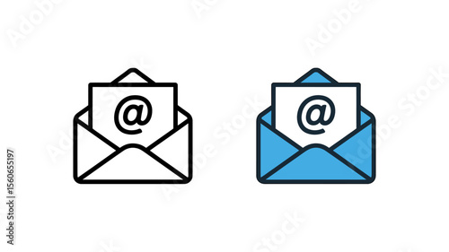 Email Icons Open Envelope with At Symbol, Communication Design