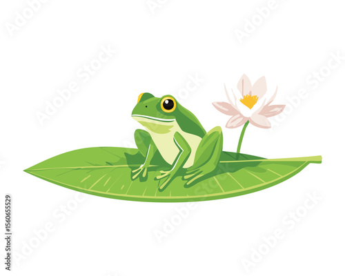 Cute Frog on Lily Pad with Lotus Flower