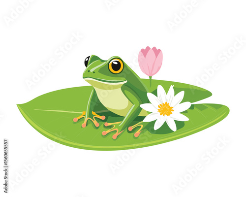 Green Amphibians Sharing Water Leaf and Blossoms