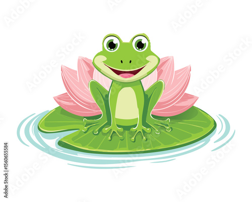 Delightful Frog Sitting by Pink Lotus Flower