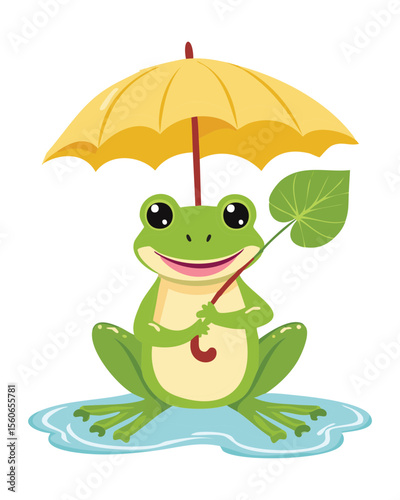 Cute Frog Holding Yellow Umbrella and Leaf