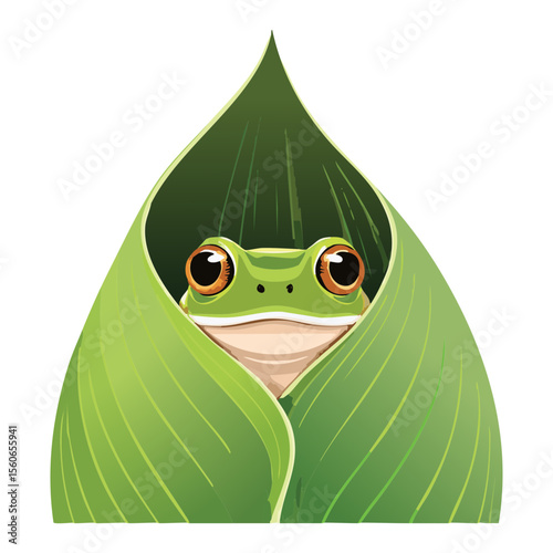 Adorable Frog Peeking from Wrapped Leaf