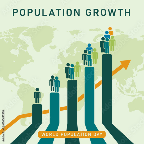 Global Population Growth: Abstract Bar Graph Illustration, World Map Background, Upward Trend, Teal and Orange Color Palette.

