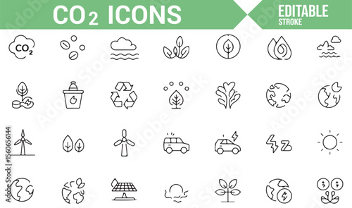 Line art symbols representing CO2 emissions, solar power, and wind energy for sustainability.