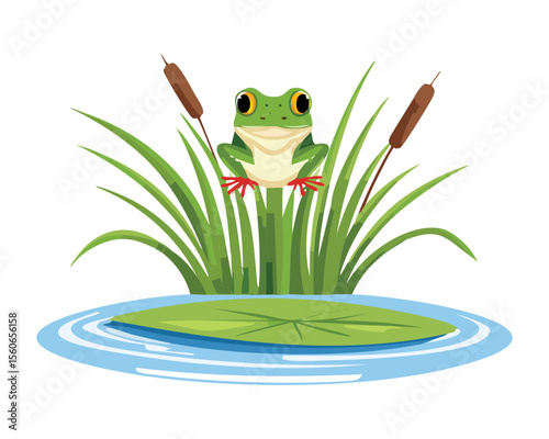 Frog on Lily Pad Surrounded by Green Reeds