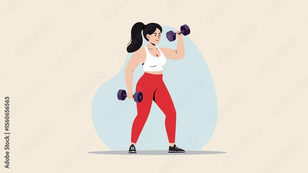 Cartoon black-haired woman exercising with dumbbells on soft pastel abstract background. Smooth loop animation for gym intros, workout tutorials, or healthy lifestyle content.
