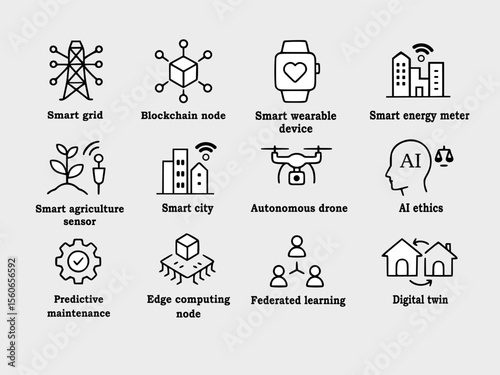 Exploring modern technologies represented by smart grid, AI ethics, agriculture sensor, and autonomous drone concepts