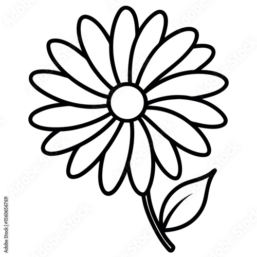 Black Line Drawing Daisy Flower Head with Leaf white