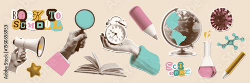Back to school halftone collage set with hands holding loupe, megaphone, alarm clock. Trending vintage paper torn our stickers design postcard, notebook, banners. Vector illustration.
