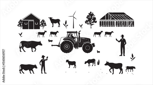 Silhouette icon pack featuring sustainable farming tools and agriculture scenes.

