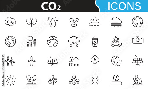 Sustainability and environment-related icons symbolizing CO2 emissions and climate change.