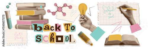 Back to School collage elements set on transparent background with halftone torn out stickers - stack of books, open book, hand writing, pencil and torn paper, evoking excitement for school. Vector