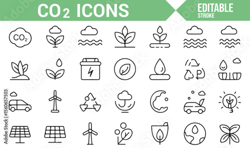 A set of CO2-related icons, showcasing symbols for carbon dioxide, environmental impact, renewable energy, and eco-friendly practices such as solar and wind power.