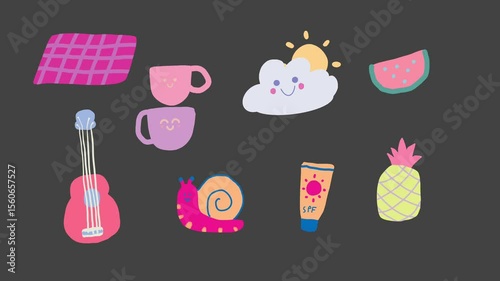 Wallpaper Mural Cute animated pastel summer icons with smiling cloud, fruits, cups, towel, guitar and sunscreen
 Torontodigital.ca