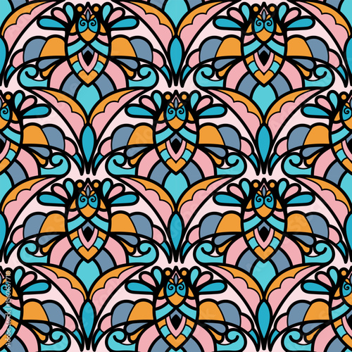 2507002 colorful line scribble repeat pattern, motifs floral hand drawn, scribble style, scallop pattern, design for seamless floral pattern, printing, wrapping, background and craft