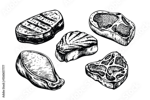 Steaks Vector Engraving Set. Detailed Monochrome Illustrations of Beef Cuts. Vintage Steakhouse & Grill Style