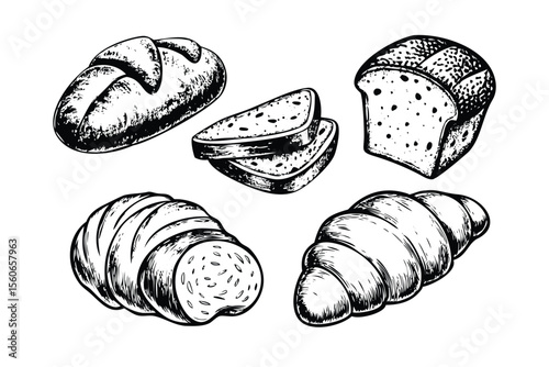 Bread Types Vector Engraving Set. Detailed Monochrome Illustrations of Bakery Products. Classic Engraving Style