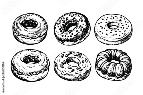 Donuts Vector Engraving Set. Detailed Monochrome Illustrations of Bakery Sweets. Vintage Engraving Style
