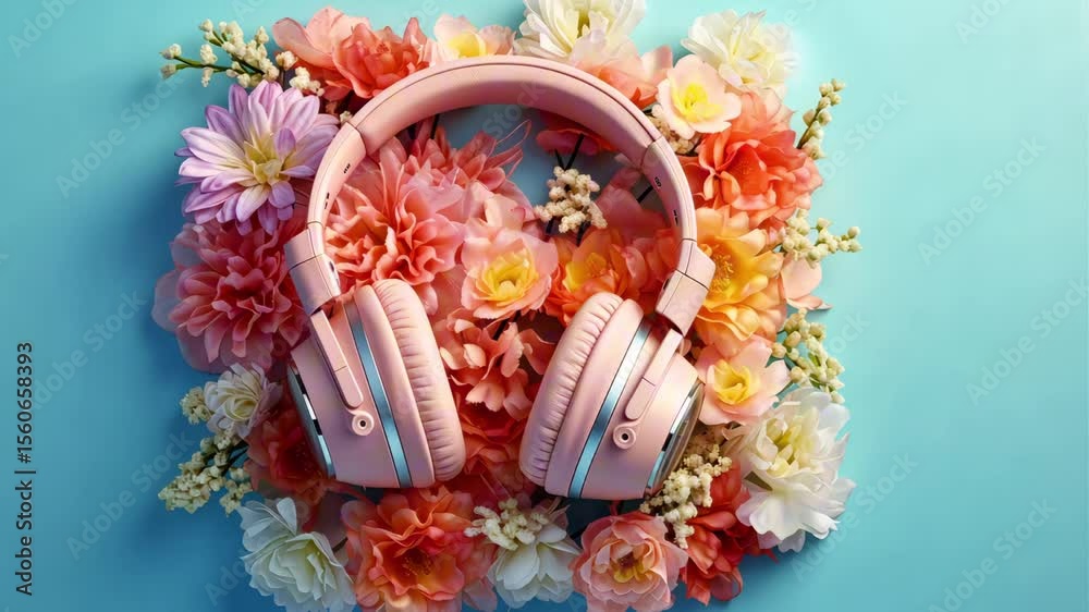 Pink headphones are surrounded by colorful flowers on a light blue background, creating a vibrant and harmonious composition