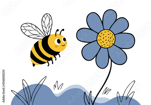 Cute cartoon bee flying towards a blue flower in a meadow